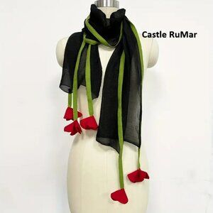 P Style Black Scarf with Simulated Roses Elegant, Thin, Breathable
